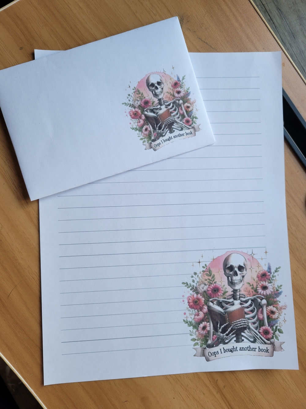 💀NEW💀 Skeleton Book Lover Stationery Set - White with Pink Floral Accents
